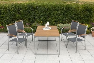 Siena Gartenmöbel Set 5tlg., Stapelsessel & Ausziehtisch, silber/schwarz