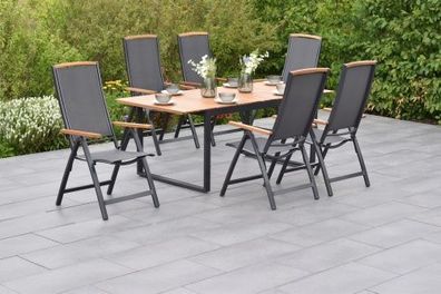 Siena Gartenmöbel Set 7tlg., Klappsessel & Ausziehtisch, graphit/grau