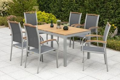 Siena Gartenmöbel Set 7tlg., Stapelsessel & 150 x 90 cm, silber/schwarz