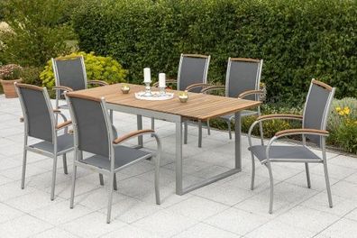 Siena Gartenmöbel Set 7tlg., Stapelsessel & Ausziehtisch, silber/schwarz