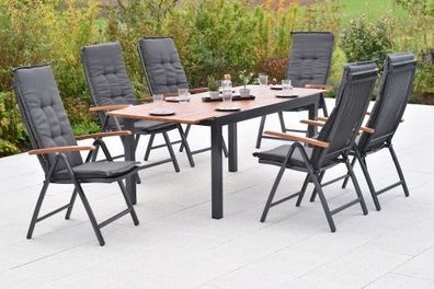 Thasos Set 13tlg., 6 Klappsessel, 6 Auflagen, Ausziehtisch 150 (200 ) x 90 cm, Alumin