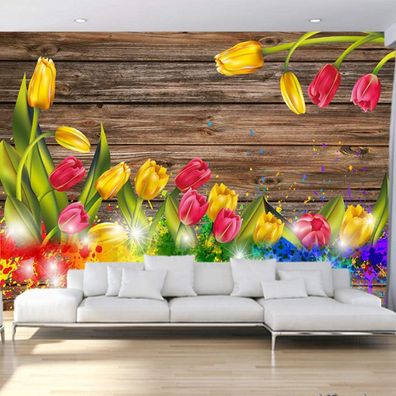 Vlies Fototapete Wandtapete Wandbilder Holz im Vintage Stil mit Tulpenmuste 4569