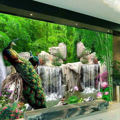 Vlies Fototapete Wandtapete Wandbilder Bambuswald Steingarten Pfauen 4577