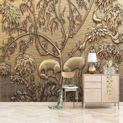 Vlies Fototapete Wandtapete Wandbilder Goldrelief Waldhirschen Vögeln 4589