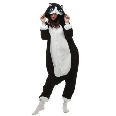 Schwarze Katze Onesie Erwachsene Damen Herren Tier Kigurumi Cosplay Pyjamas Plusch