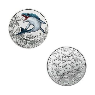 3 EURO Farb-Sammlermünze Super-Saurier "Mosasaurus Hoffmanni" Österreich Austria 2020