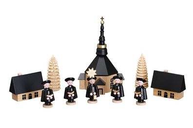 Weihnachtsfiguren Seiffener Kirche mit Kurrende und Bäume Höhe ca 13cm NEU Holz