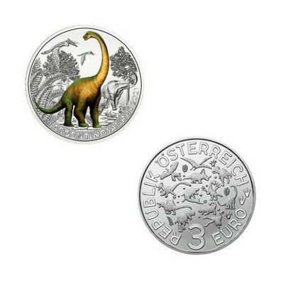 3 EURO Farb-Sammlermünze Super-Saurier "Argentinosaurus" Österreich Austria 2021
