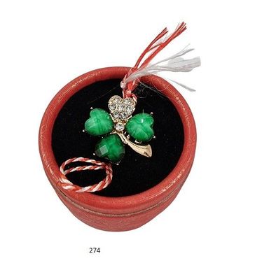 Martisor Märzchen, harm, Brosche Anhänger als Kleeblatt aus Metall in Box 274