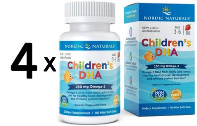 4 x Nordic Naturals Children's DHA, 250mg Strawberry - 90 softgels