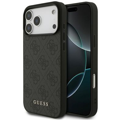 Case Guess iPhone 17 Pro Max Kunstleder grau Classic Logo goldfarben Metall