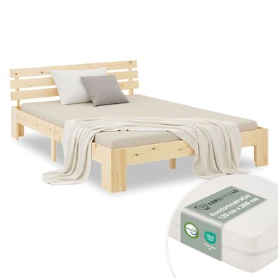 Doppelbett mit Matratze 120x200 cm Holzbett Futonbett Natur Kiefer Bett Bettgestel