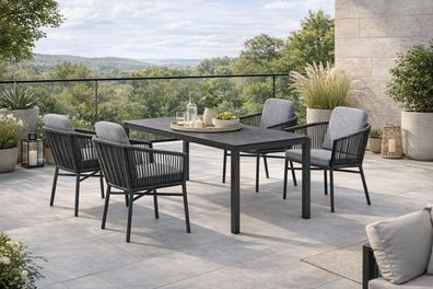 Destiny Sitzgruppe LIMONE Cremona 4 Stapelsessel + 1 Tisch 160x90x74cm, anthrazit