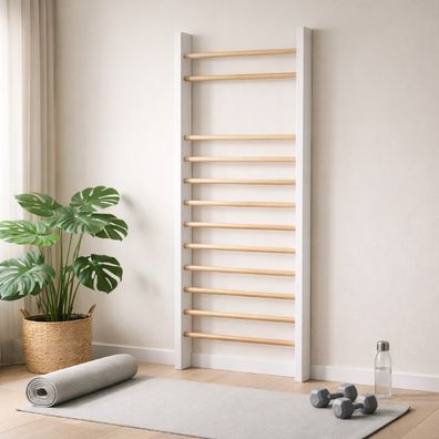 QLS Holz Gymnastikleiter Turnleiter 195x80 cm Weiß Rahmen Buchenholz Sprossen 11440