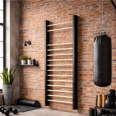 QLS Holz Gymnastikleiter Turnleiter 195x80cm Schwarz Rahmen Buchenholz Sprossen 11441