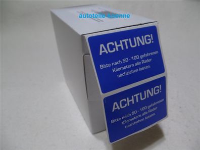 250x "Achtung!" Räder nachziehen 50-100km Aufkleber in Spenderbox KD-Aufkleber