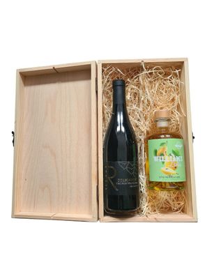 Steinhauser Williams Likör und Delicatius grüner Veltliner in einer Holzbox