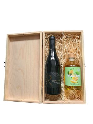 Steinhauser Williams Likör und Delicatius Chardonnay 2021 in einer Holzbox