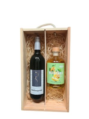 Williams Likör und Weißburgunder in einer Holzbox mit Tragekordel