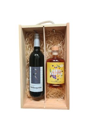 Geschenk Steinhauser Honig-Kräuter und Weißburgunder in einer Holzbox