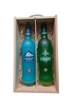 Geschenk Gletscherwasser und Gletscherminze in einer Holzbox mit Tragekordel