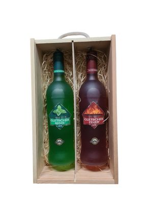 Geschenk Gletscherfeuer und Gletscherminze in einer Holzbox mit Tragekordel