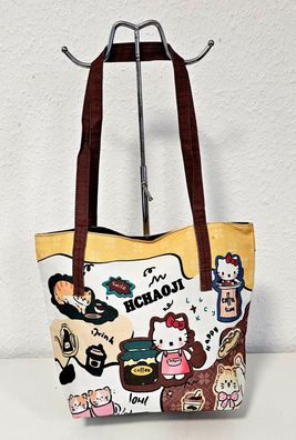 Unisex Canvas Beuteltasche Tasche Handtasche mit Knopf Verschluß Comic Print Bunt