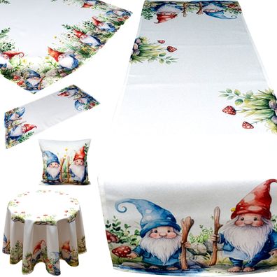 Tischdecke Tischläufer Kissenbezug Pflegeleicht Garten Zwerge Wichtel Sommer