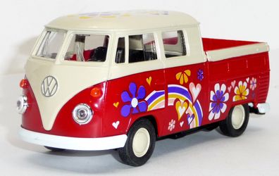 VW Bulli T1 Doppelkabine Pritsche rot Hippie-Style Modellauto ca. 11,5 cm