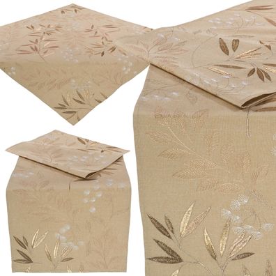 Tischdecke Tischläufer Beige Modern Stoff Bestickt Tischwäsche Blätter