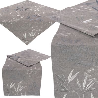 Tischdecke Tischläufer Modern Bestickt Mitteldecke Tischwäsche Hellgrau Blätter