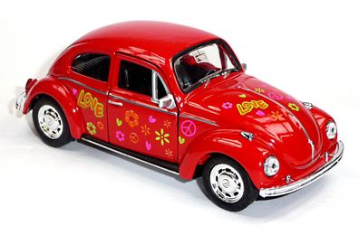 VW Käfer (1960) Modellauto WELLY ca. 1:34 rot / 12cm im Hippie-Look 70er LOVE