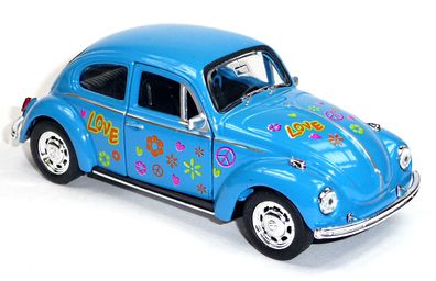VW Käfer (1960) Modellauto WELLY ca. 1:34 blau / 12cm im Hippie-Look 70er LOVE