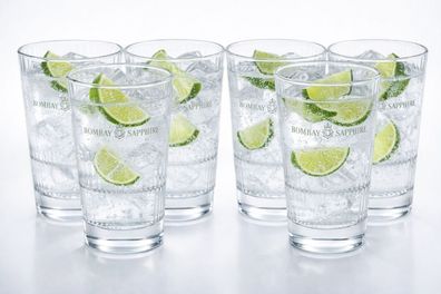 Bombay Sapphire Longdrinkgläser 6er Set - 6× Klares geriffeltes Gin Glas mit Logo