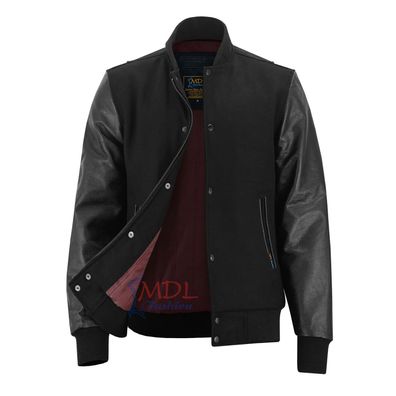 Herren Varsity Collegejacke Letterman Baseball Bomber Schwarz Wolle Echtleder-Ärmel