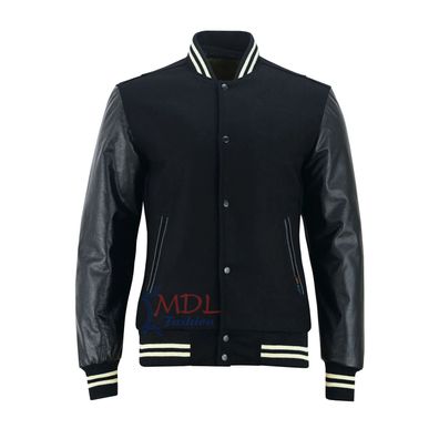 Varsity Collegejacke Herren - Letterman Baseball Bomber, Schwarz, Wolle & Lederärmel
