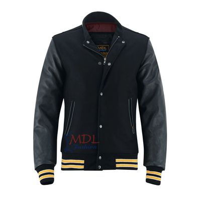 Herren Varsity Letterman Jacke College Baseball Bomber Schwarz Gold Wolle Lederärmeln