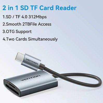Vention SD 4.0 Card Reader, 312Mbps USB 3.0 Type-C to SD/Micro/TF OTG Adapter for iPh