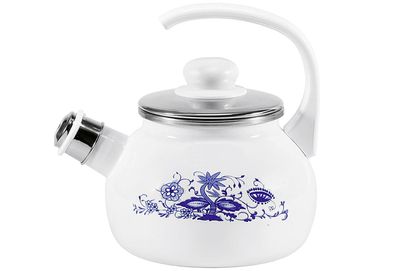 Karl Krüger Flötenkessel Zwiebelmuster emailliert 18cm Ø21cm weiß blau