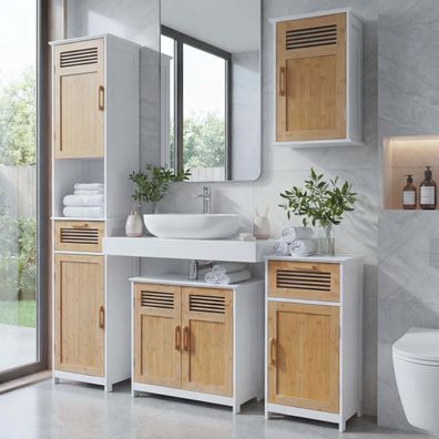 Badezimmerset HWC-A85, Badschrank Hochschrank Unterschrank Hängeschrank Bambus, weiß