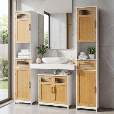 Badezimmerset HWC-A85, 2x Hochschrank Waschbeckenunterschank Bambus, MVG weiß