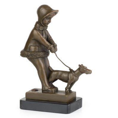 Art Deco Bronze Skulptur - Kind mit Hund auf Marmorsockel - 21 cm Höhe 1,6 kg - Hochw
