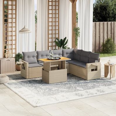 vidaXL 7-tlg. Garten-Sofagarnitur mit Kissen Beige Poly Rattan