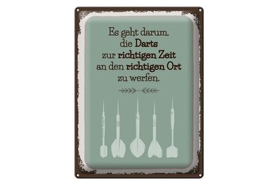 Blechschild Darts zur richtigen Zeit werfen, 4 vers Größen, Hobby Sport Spruch
