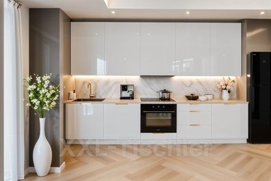 Küchenzeile Linea 300 Weiß Hochglanz-Soft Close- Premium Box- Einbauküche 3m