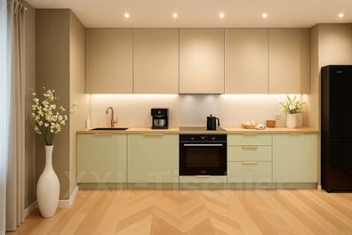 Küchenzeile Linea 300 cm Kaschmir und Salbeigrün-Soft Close- Premium- Einbauküche 3m