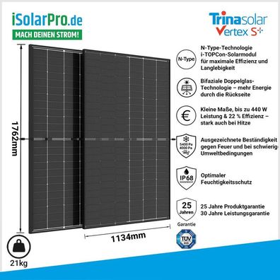 440W Trina Solar Vertex S+TSM-NEG9RC.27 Bifazial Transparent Glas/Glas