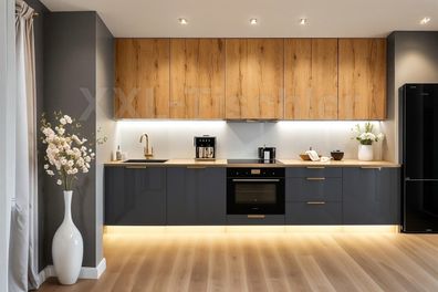 Küchenzeile Linea 300 cm Gold Craft Eiche -Grau Hochglanz-Soft Close- Premium-3m