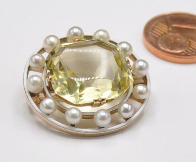 Brosche Perle Citrin Peridot Emaille massiv 585 Gold neu wertig Handarbeit