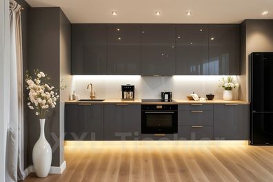 Küchenzeile Linea 300 cm Grau Hochglanz-Soft Close- Premium Box- Einbauküche 3m